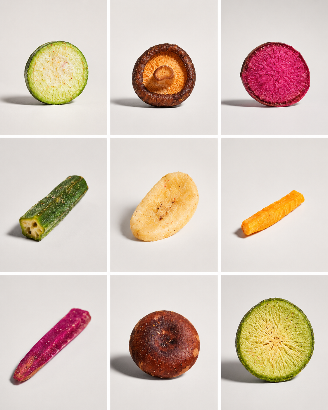 Assortiment coloré de fruits et légumes lyophilisés Green'Croq pour cuisiner