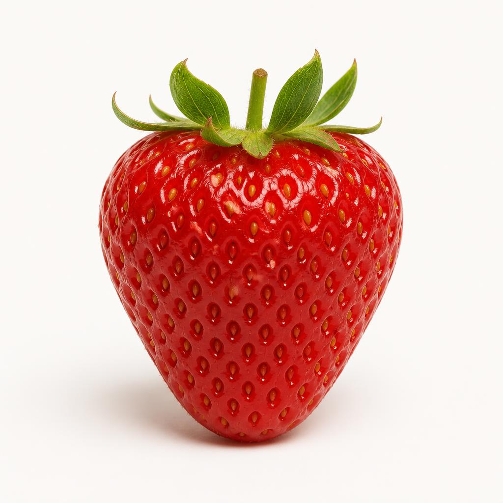 Fraise fraîche entière photographiée sur fond crème, peau brillante et rouge vif.