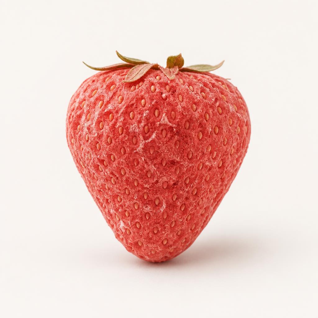 Gros plan sur une tranche de fraise lyophilisée à la texture aérée