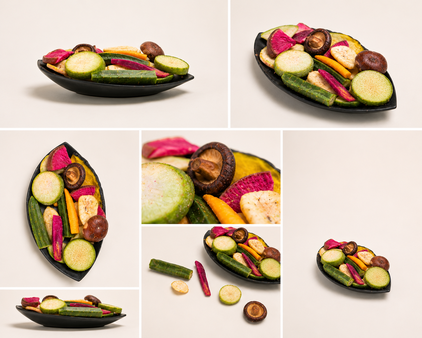 Premium GREEN'CROQ freeze-dried fruit and vegetable assortment: beetroot, zucchini, carrot, okra and shiitake chips on designer plates