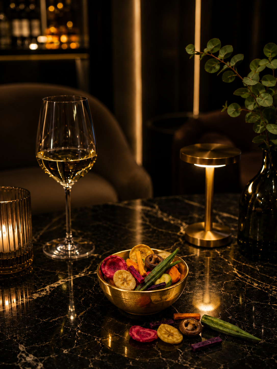 Premium hotel lounge bar with a golden bowl of GREEN'CROQ freeze-dried fruits and vegetables for upscale aperitif and snacking